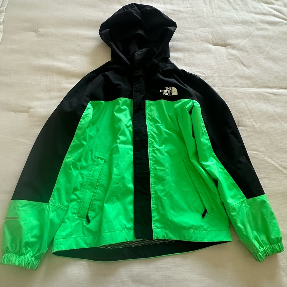 The North Face Neon Green and Black Kids Hooded Rain Jacket